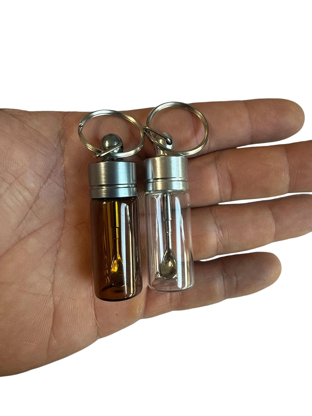 Mini Glass Spice Snuff Jar Keychain: Travel Portion Control with Extending Spoon for Supplements Spices Snuff or Cosmetics