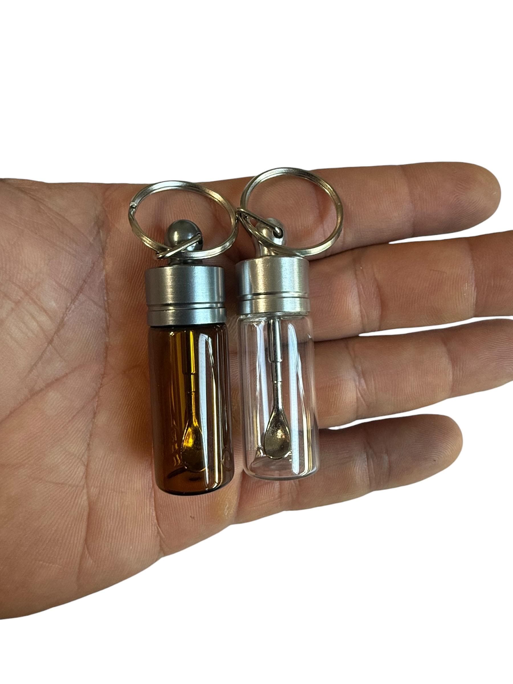 Mini Glass Spice Snuff Jar Keychain: Travel Portion Control with Extending Spoon for Supplements Spices Snuff or Cosmetics