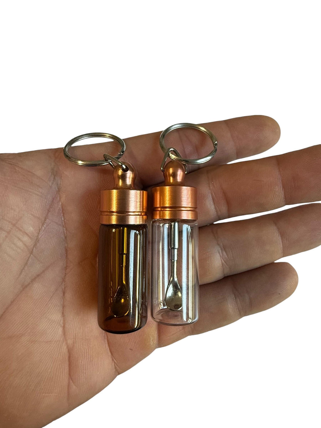 Mini Glass Spice Snuff Jar Keychain: Travel Portion Control with Extending Spoon for Supplements Spices Snuff or Cosmetics