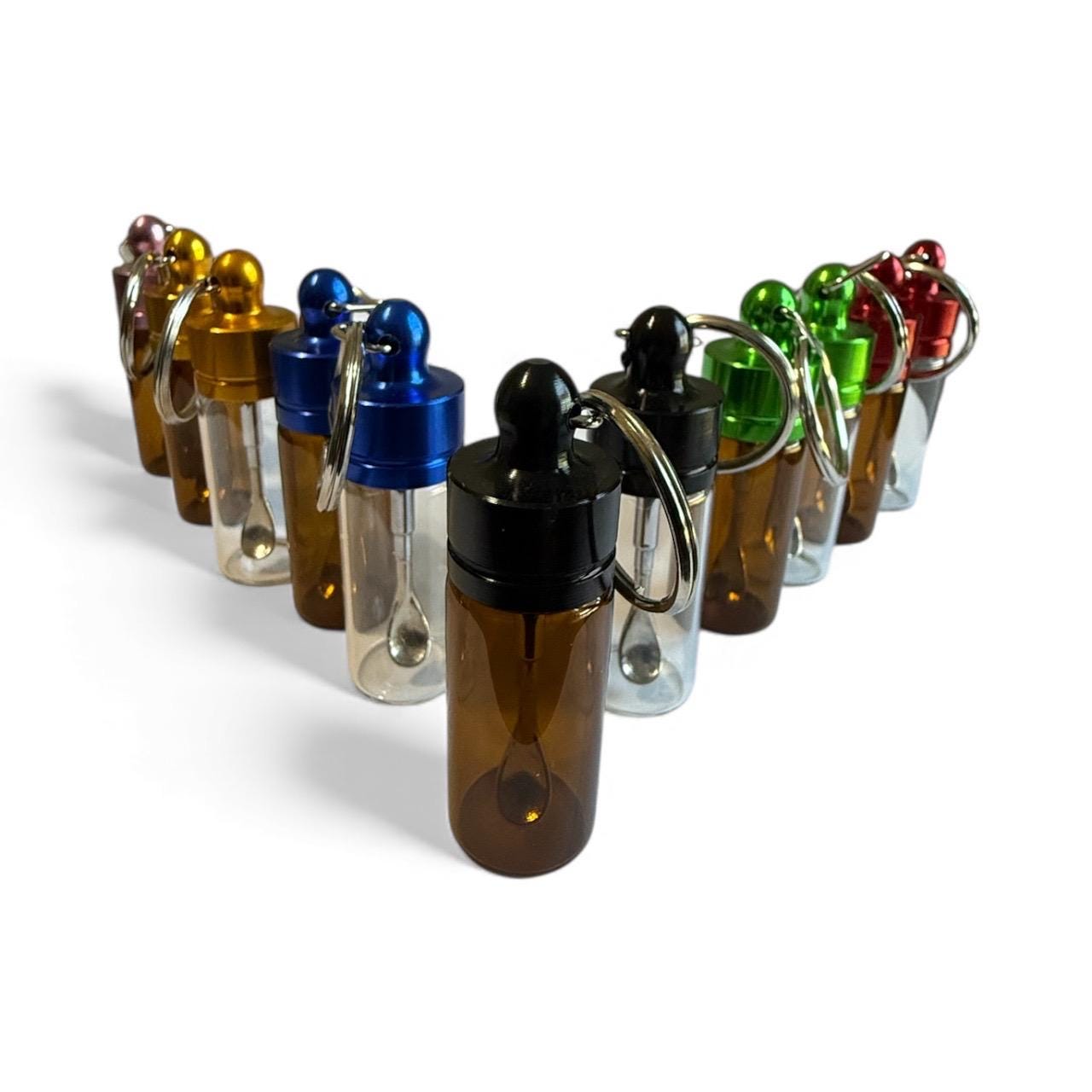 Mini Glass Spice Snuff Jar Keychain: Travel Portion Control with Extending Spoon for Supplements Spices Snuff or Cosmetics