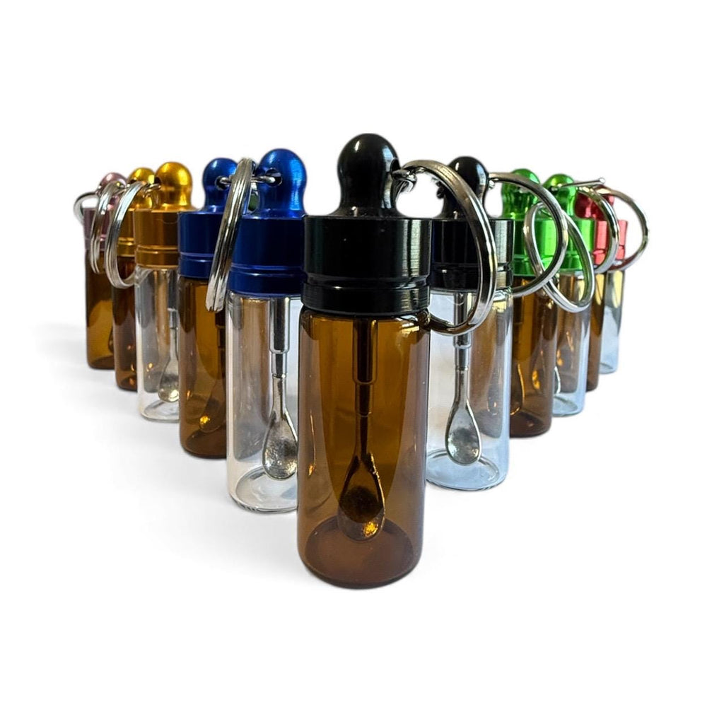 Mini Glass Spice Snuff Jar Keychain: Travel Portion Control with Extending Spoon for Supplements Spices Snuff or Cosmetics