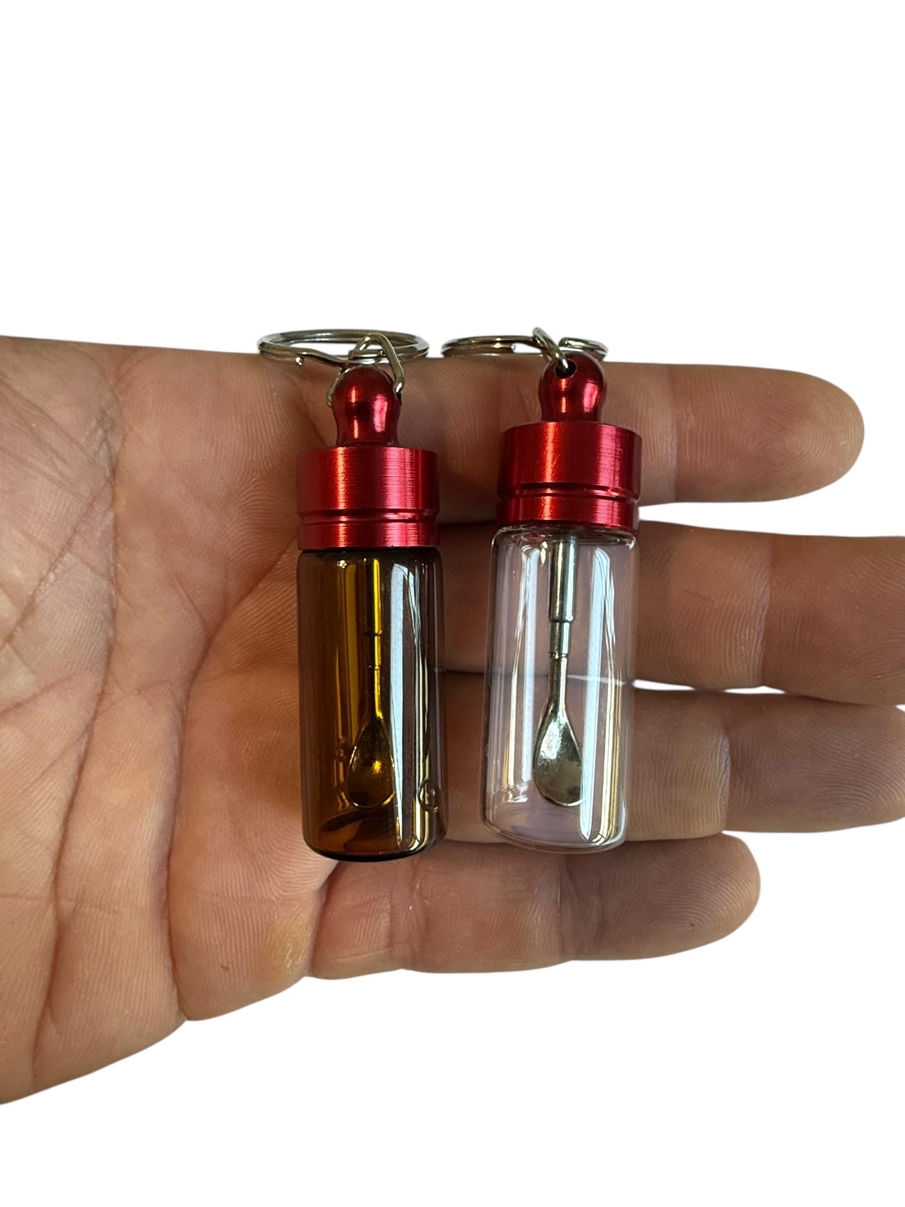 Mini Glass Spice Snuff Jar Keychain: Travel Portion Control with Extending Spoon for Supplements Spices Snuff or Cosmetics